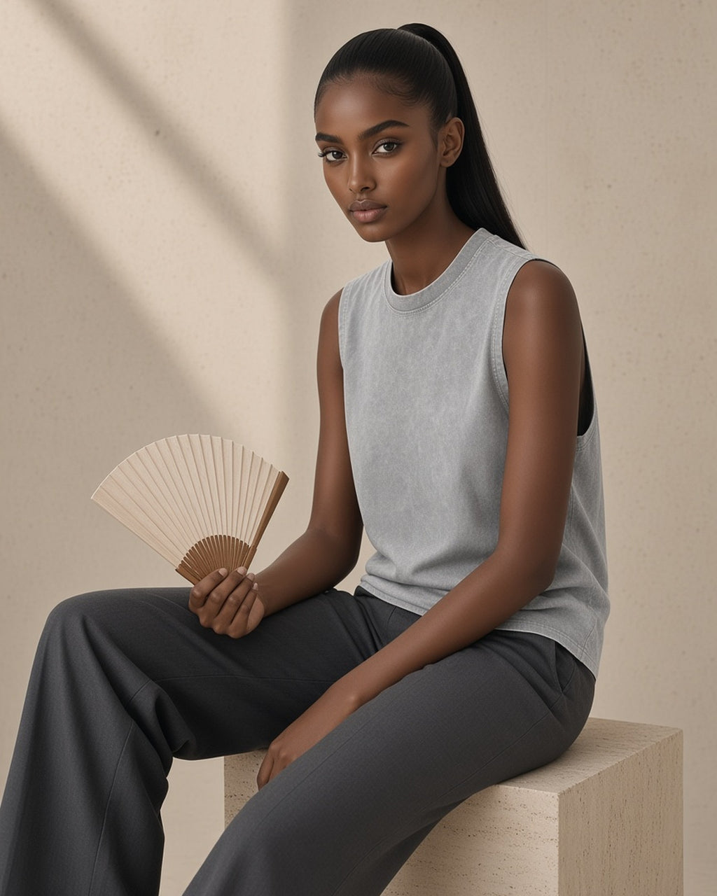 Woman in the Snow Washed Frayed Hem Tank Top in Light Gray, with a paper fan in a limestone studio
