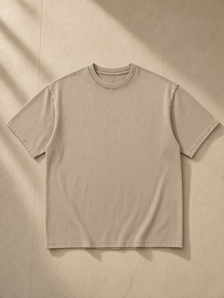Snow Washed Heavyweight Oversize T-Shirt in Khaki, laid flat on pale limestone