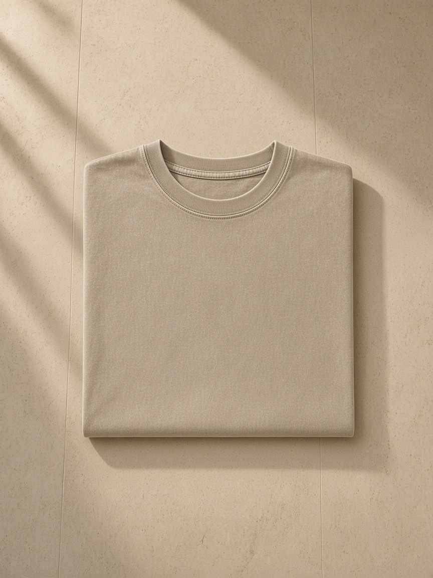 Snow Washed Heavyweight Oversize T-Shirt in Khaki, folded on pale limestone, detail.