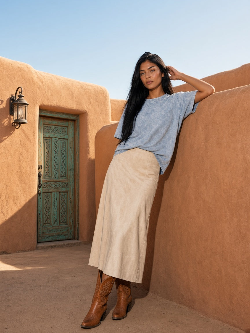 Marcel Afters Snow Washed Raw-Edge Neckline T-Shirt in Blue, worn by a woman