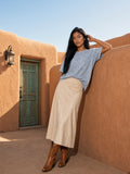 Marcel Afters Snow Washed Raw-Edge Neckline T-Shirt in Blue, worn by a woman