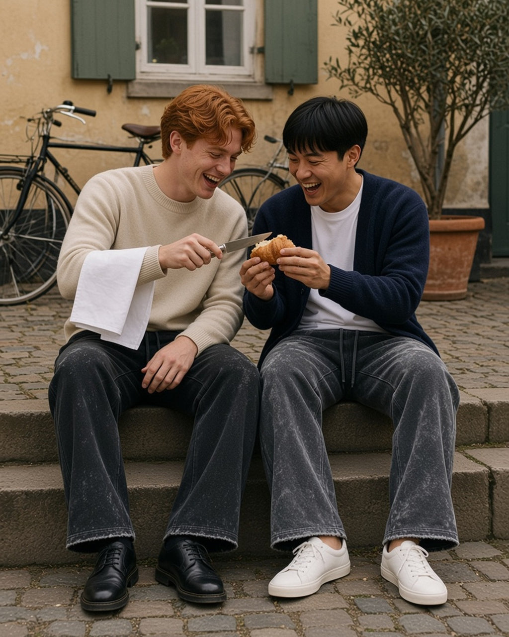 Two men in the Snow Washed Raw Edge Sweatpants in Black and Dark Gray, ceremonially splitting a croissant in a Copenhagen courtyard