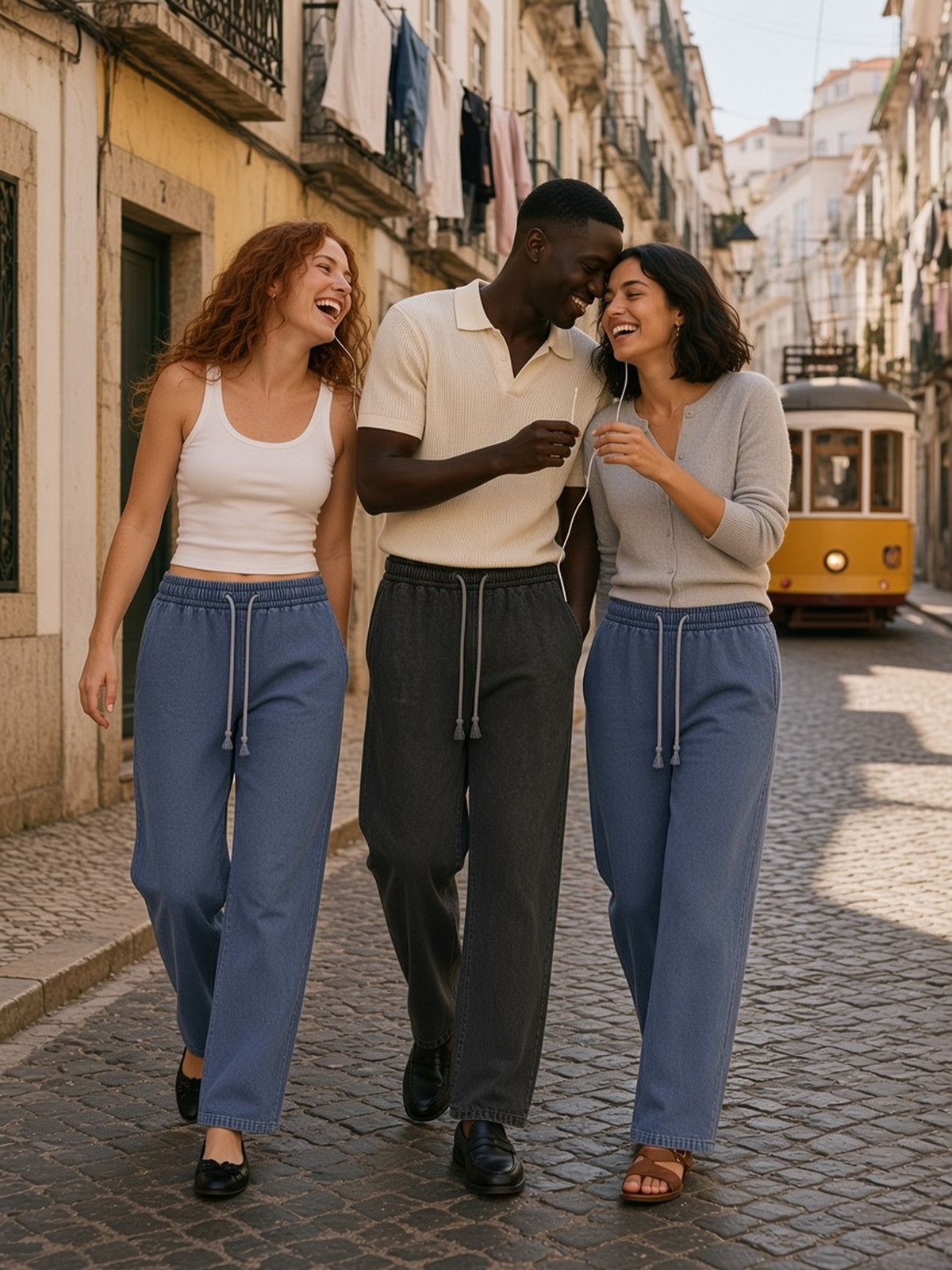Three people in the Snow Washed Straight Leg Pants in Blue and Black, sharing earphones in Lisbon's Alfama