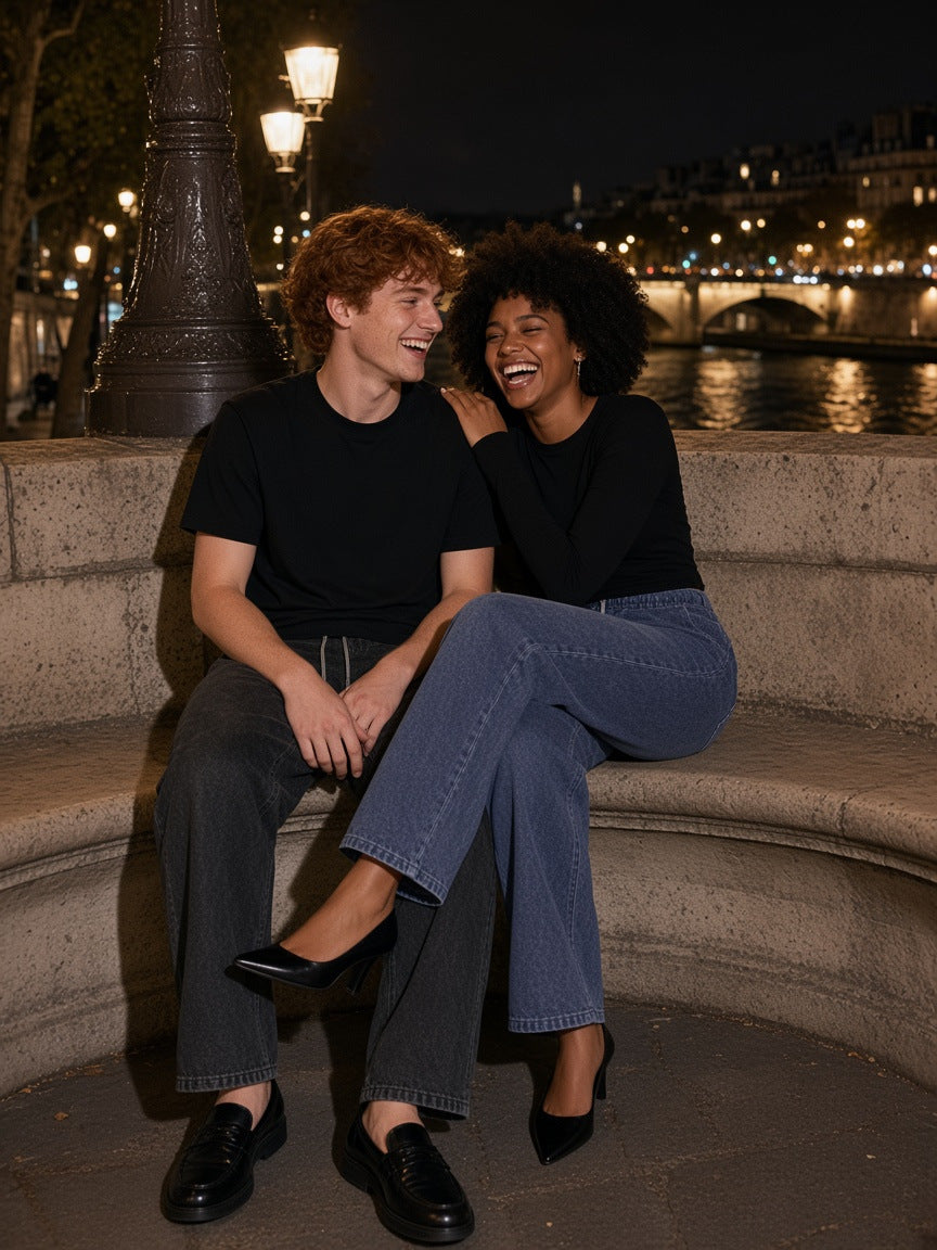 Marcel Afters Snow Washed Straight Leg Pants in Blue, worn by a man and a woman, laughing together on stone steps at night by the river