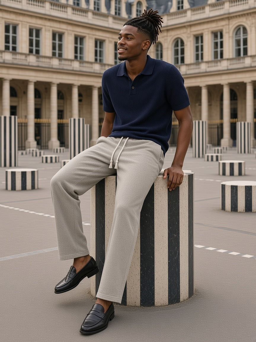 Model wearing the Snow Washed Straight Leg Pants in Stone Gray, full-length model photo
