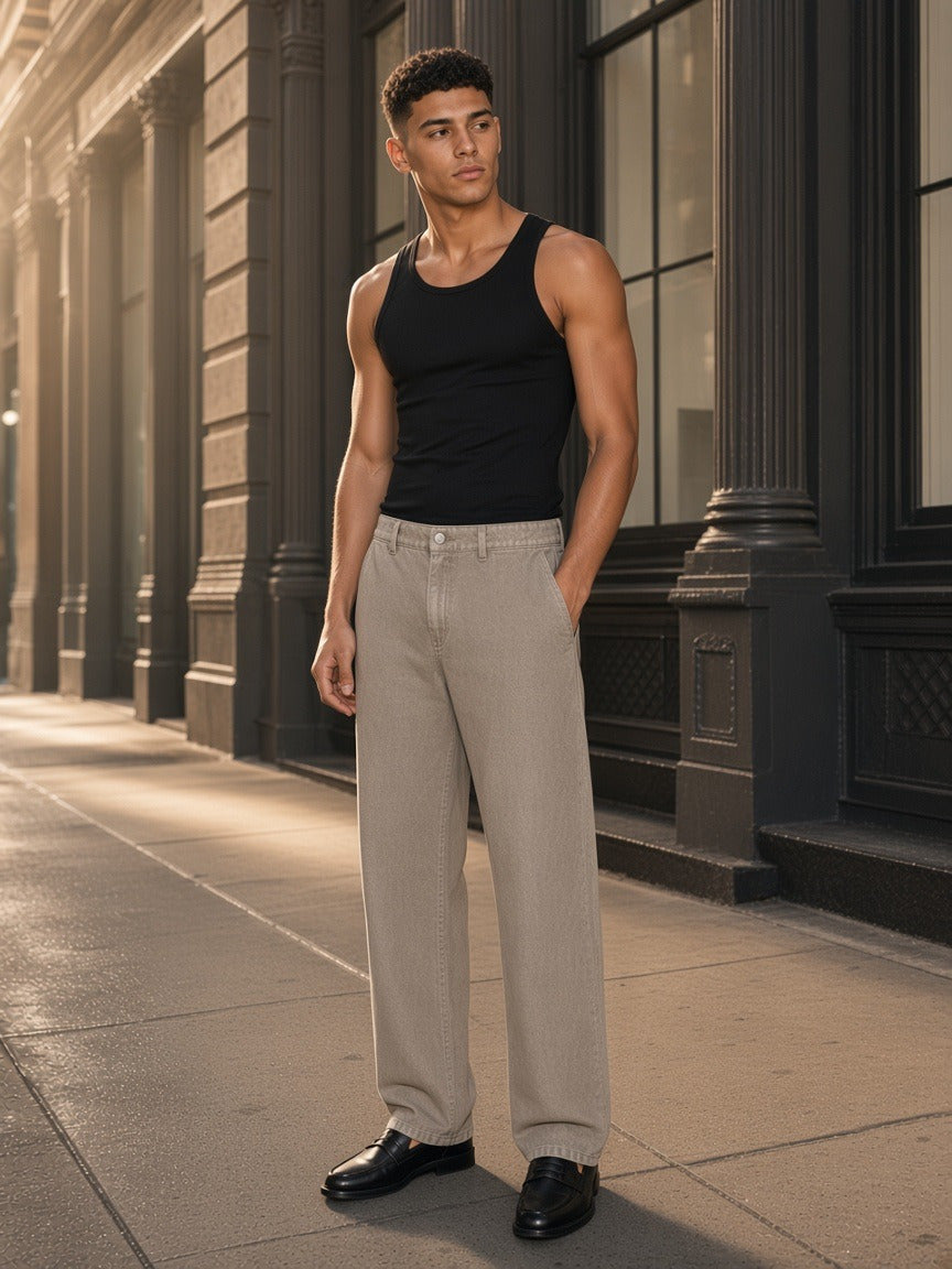 Model wearing the Snow Washed Straight Leg Pants in Stone Gray, full-length model photo
