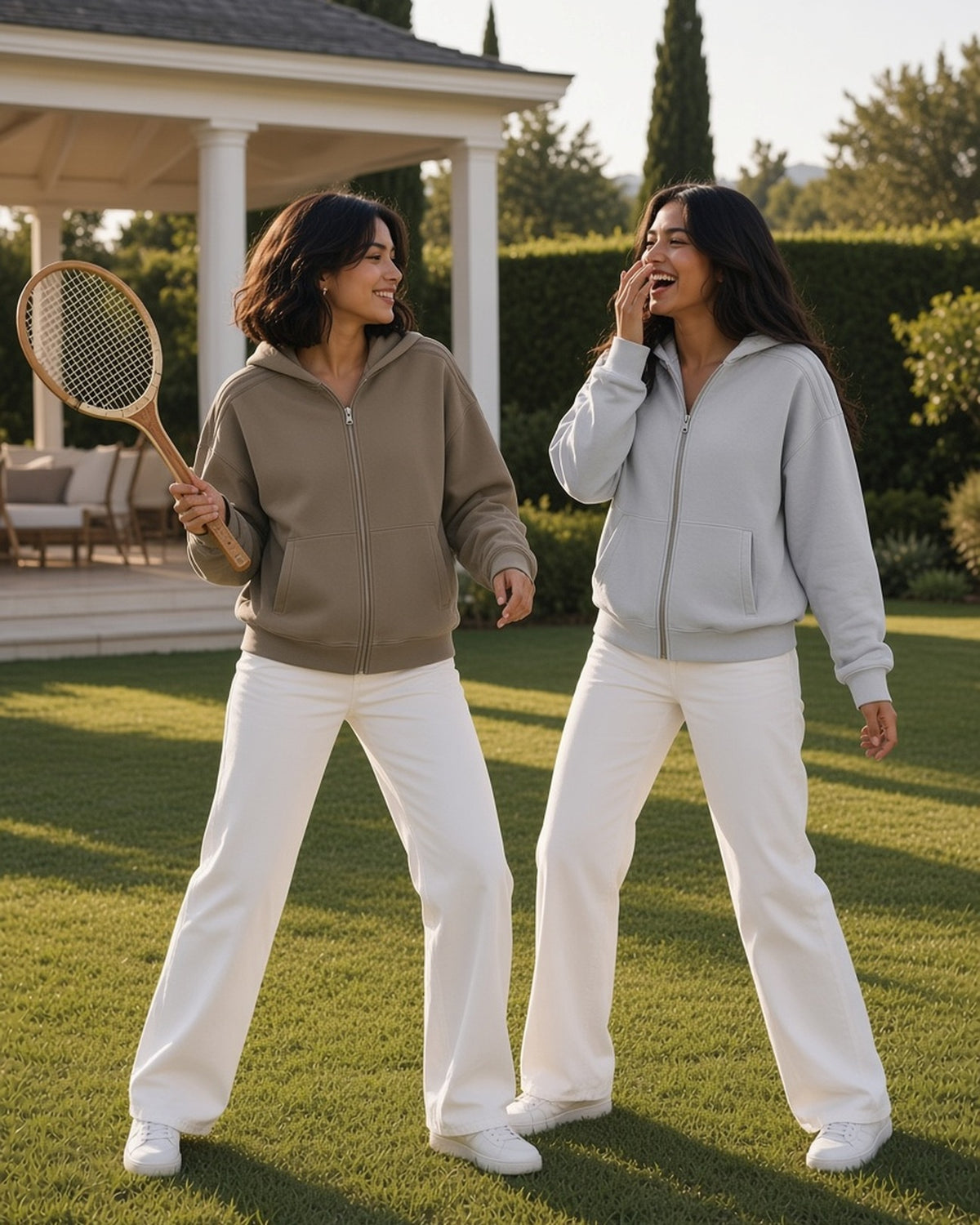 Two women in the Snow Washed Tape Raw Edge Zip Hoodie in Khaki and Light Gray, one serenading with a wooden racket on a club lawn