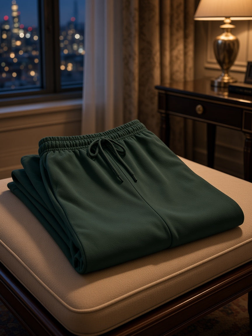Marcel Afters Solid Color Straight-Leg Sweatpants in Blackish Green, laid flat, hotel room