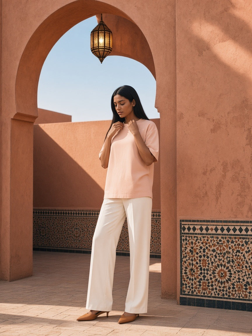 Woman wearing the Sorona Boxy T-Shirt in Apricot, full-length model photo