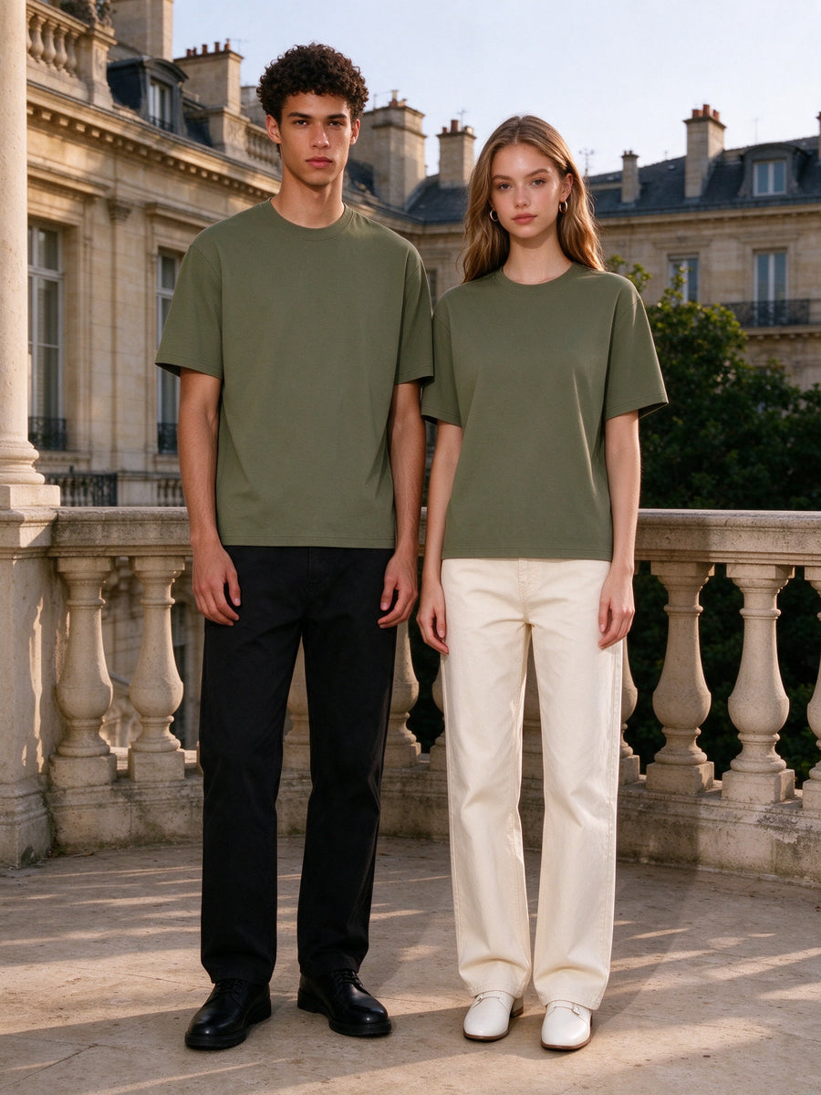 Two people wearing the Sorona Quick-Dry Boxy T-Shirt in Army Green, full-length model photo