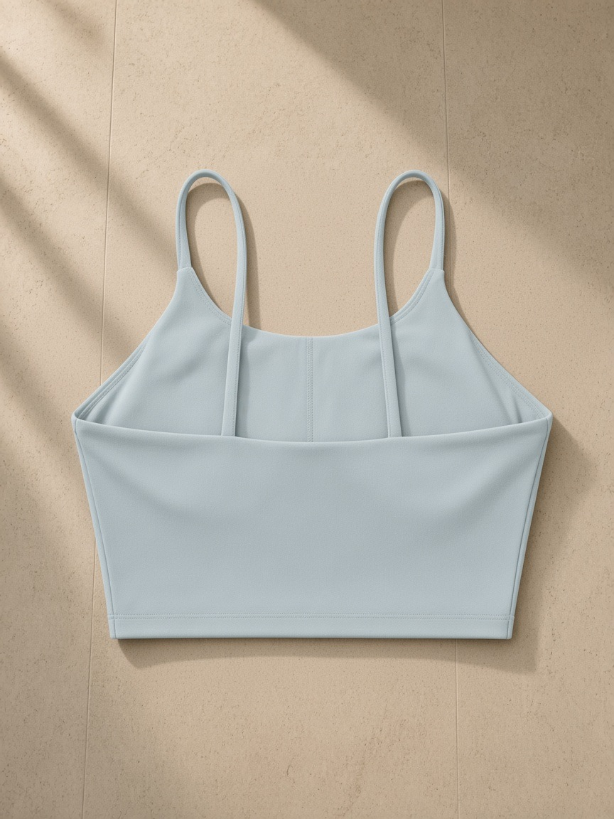 Spaghetti Strap Yoga Sports Bra in Haze Blue, laid flat on pale limestone, back view