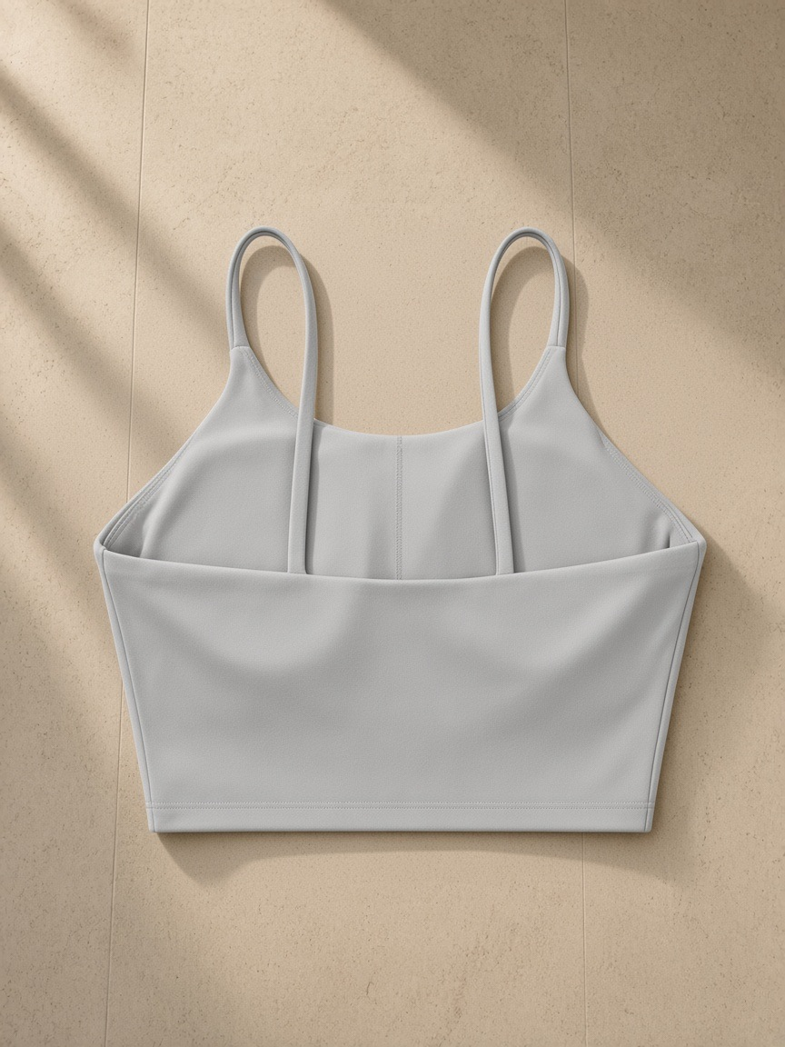 Spaghetti Strap Yoga Sports Bra in Light Gray, laid flat on pale limestone, back view