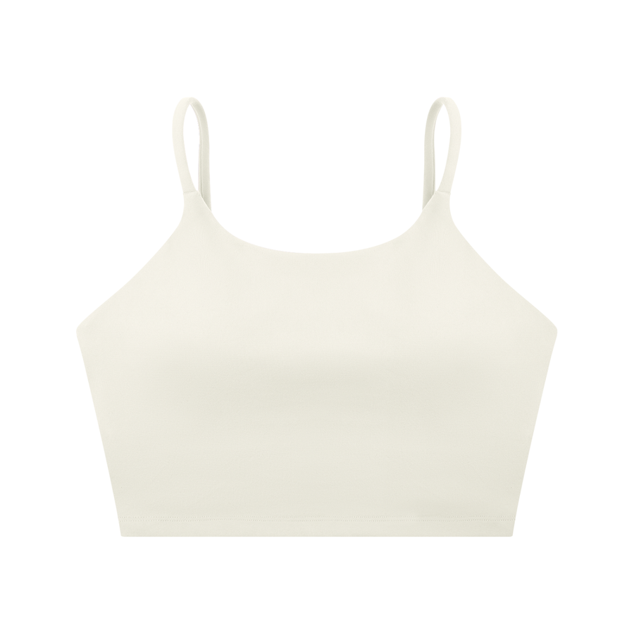 Spaghetti Strap Yoga Sports Bra in White, front view, plain front; small Marcel Afters wordmark across the back band.