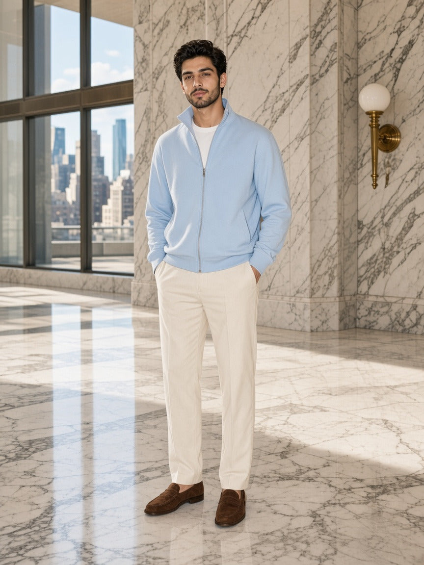 Model wearing the Stand Collar Jacket in Light Blue, full-length model photo