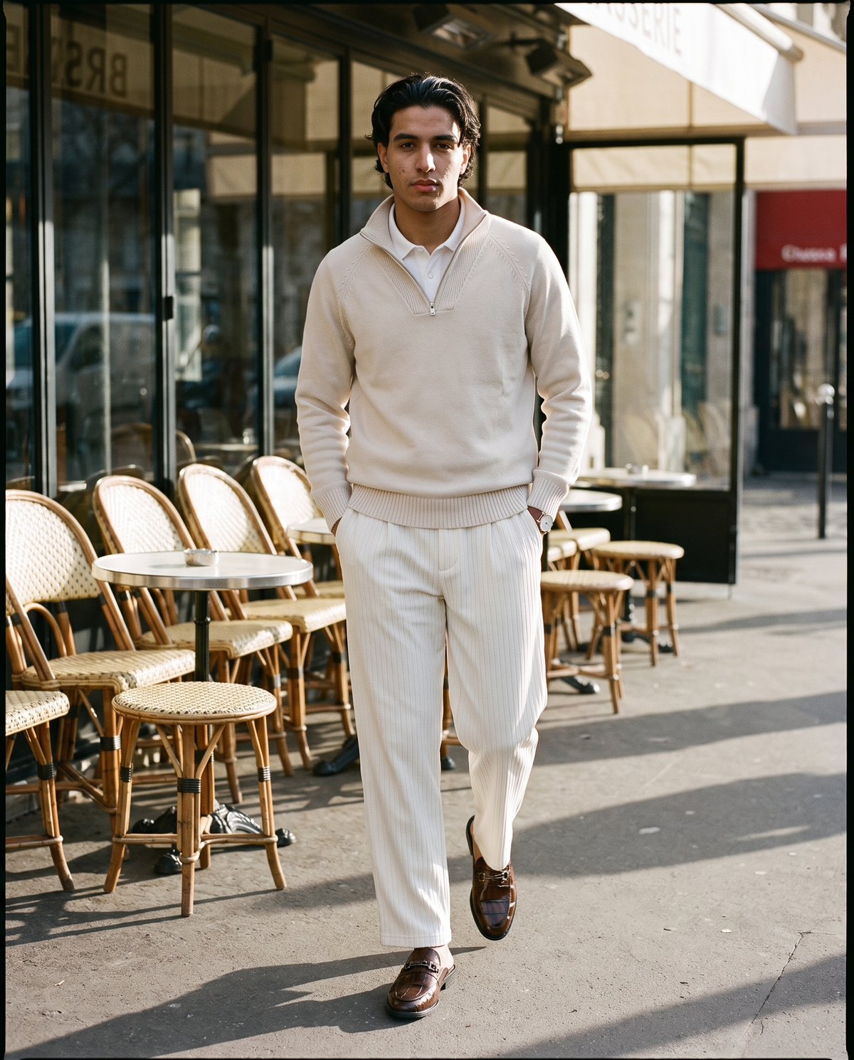 Man in White striped pleated pants and a cream quarter-zip sweater outside a cafe