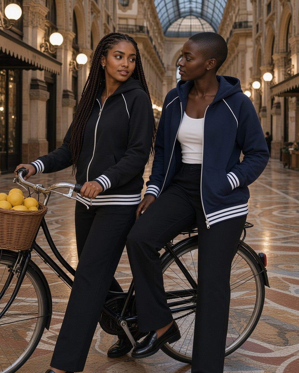 Two women in the Striped Trim Zip-Up Hoodie in Black and Navy Blue with a bicycle in a Milan arcade at night