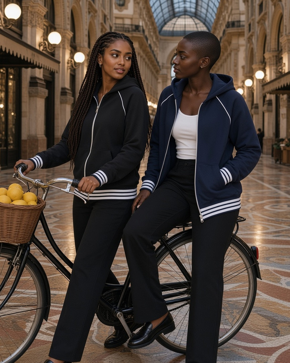 Two women in the Striped Trim Zip-Up Hoodie in Black and Navy Blue with a bicycle in a Milan arcade at night
