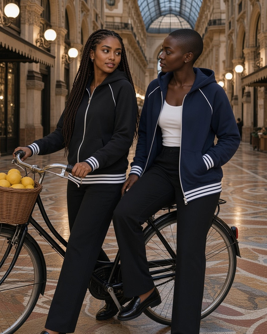 Two women in the Striped Trim Zip-Up Hoodie in Black and Navy Blue with a bicycle in a Milan arcade at night