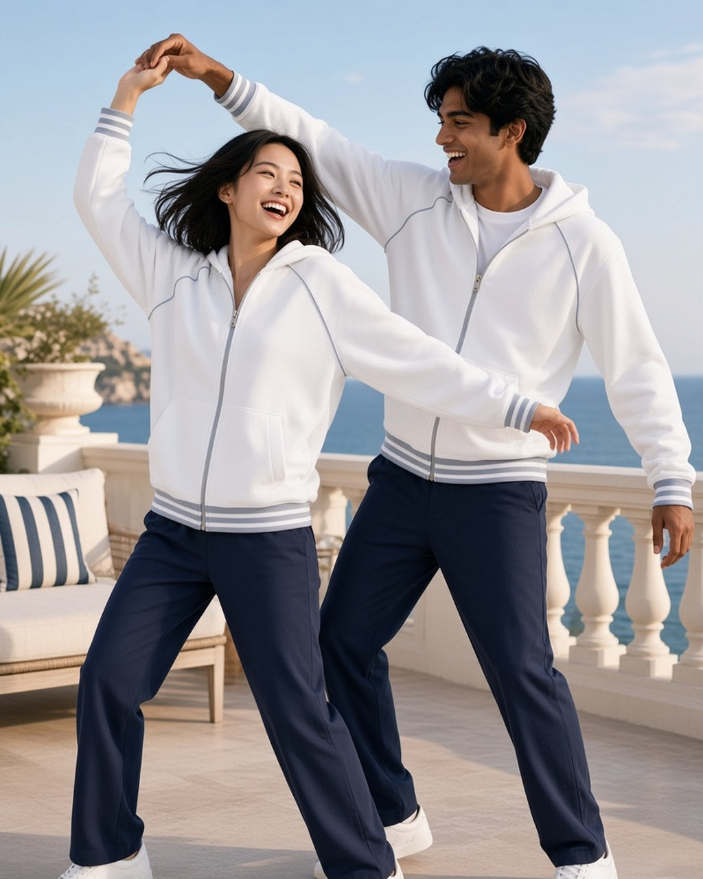 Two people in the Striped Trim Zip-Up Hoodie in White dancing on a Riviera hotel terrace