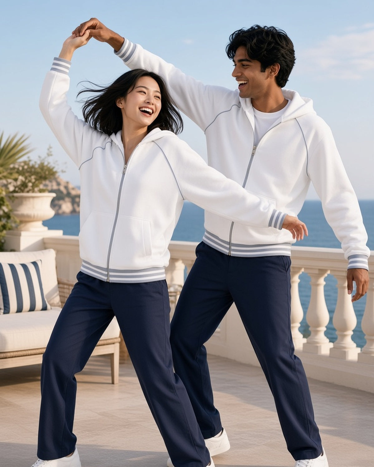 Two people in the Striped Trim Zip-Up Hoodie in White dancing on a Riviera hotel terrace