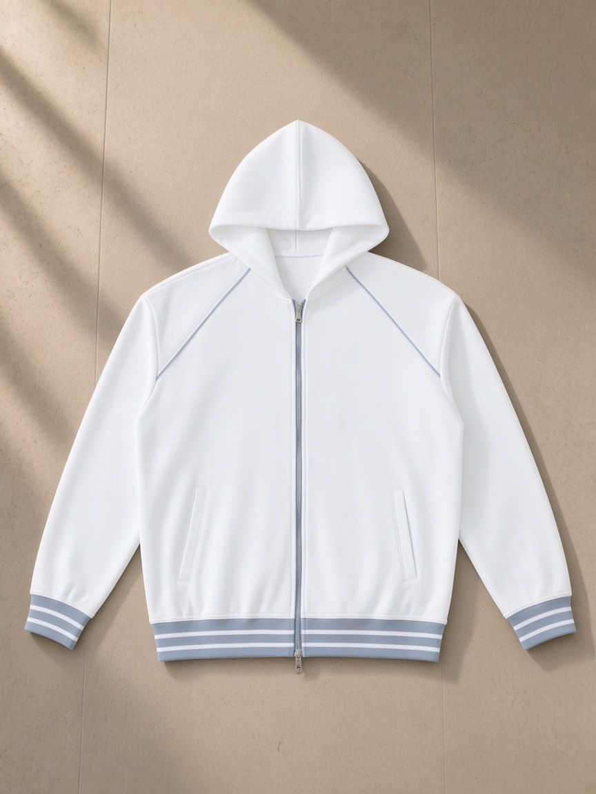 Striped-trim zip-up hoodie in White, laid flat on pale limestone