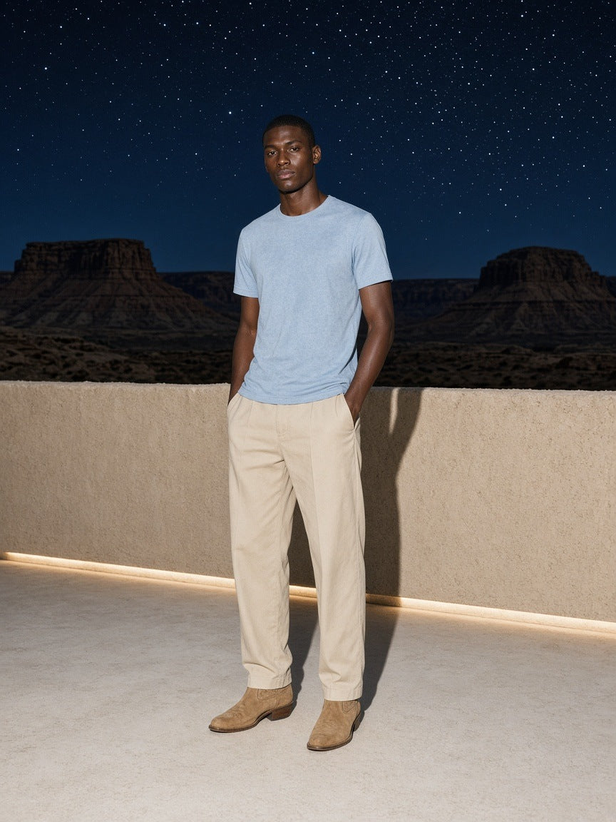 Marcel Afters Sueded Cotton T-Shirt in Light Blue, worn by a man, desert