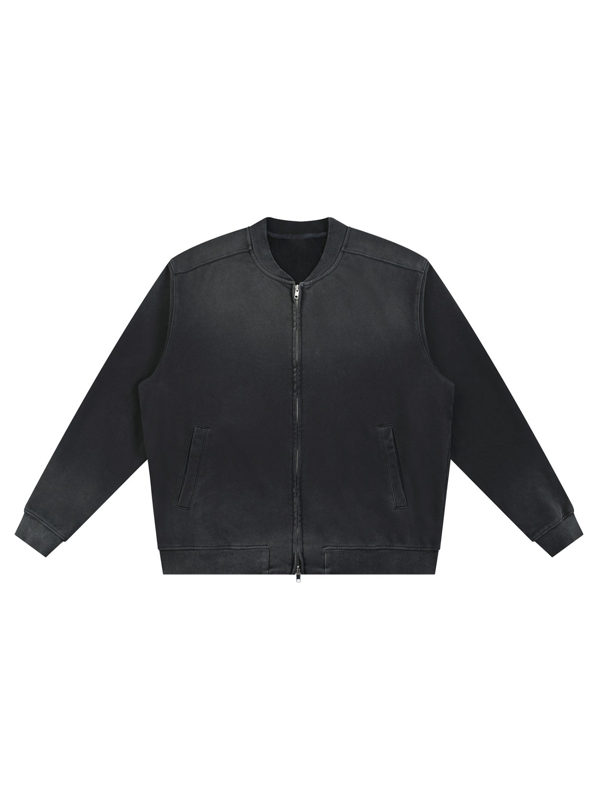 Marcel Afters Sun Fade Heavyweight Baseball Jacket in Black, laid flat