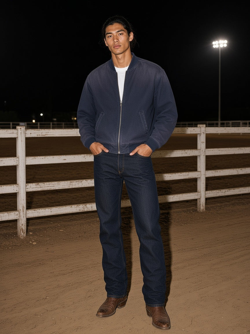 Marcel Afters Sun Fade Heavyweight Baseball Jacket in Navy Blue, worn by a man, stadium