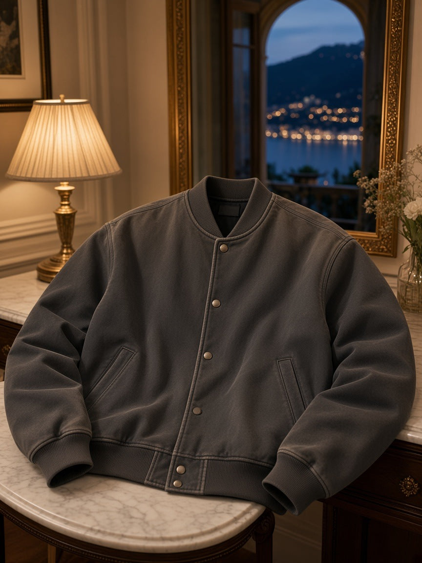 Marcel Afters Sun Fade Heavyweight Baseball Jacket in Dark Gray, laid flat, interior
