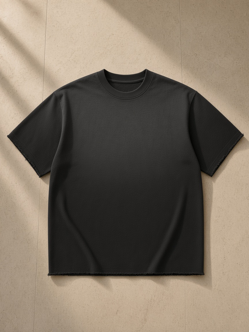Sun Fade Raw Edge T-Shirt in Black, laid flat on pale limestone