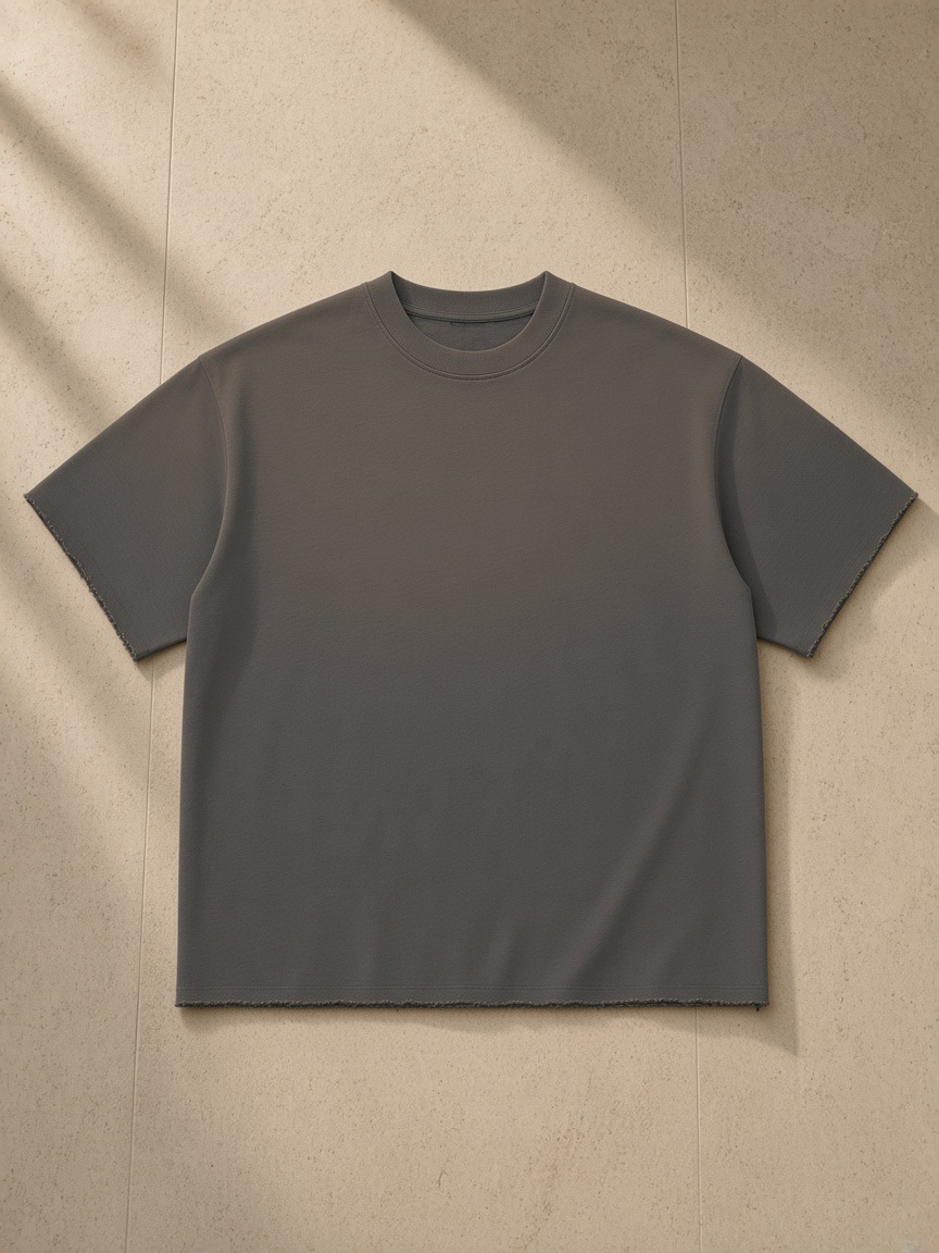 Sun Fade Raw Edge T-Shirt in Dark Gray, laid flat on pale limestone