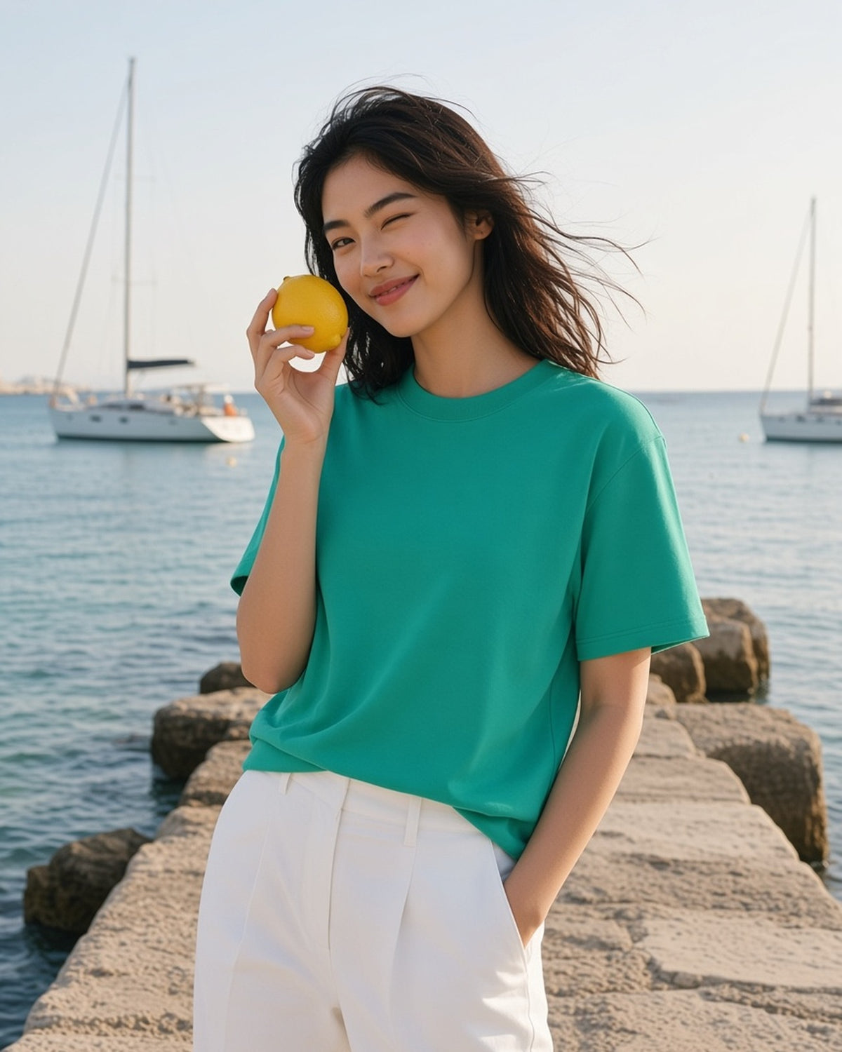 Woman in the Sun Fade Raw Edge T-Shirt in Green, with a lemon on a stone jetty in Antibes
