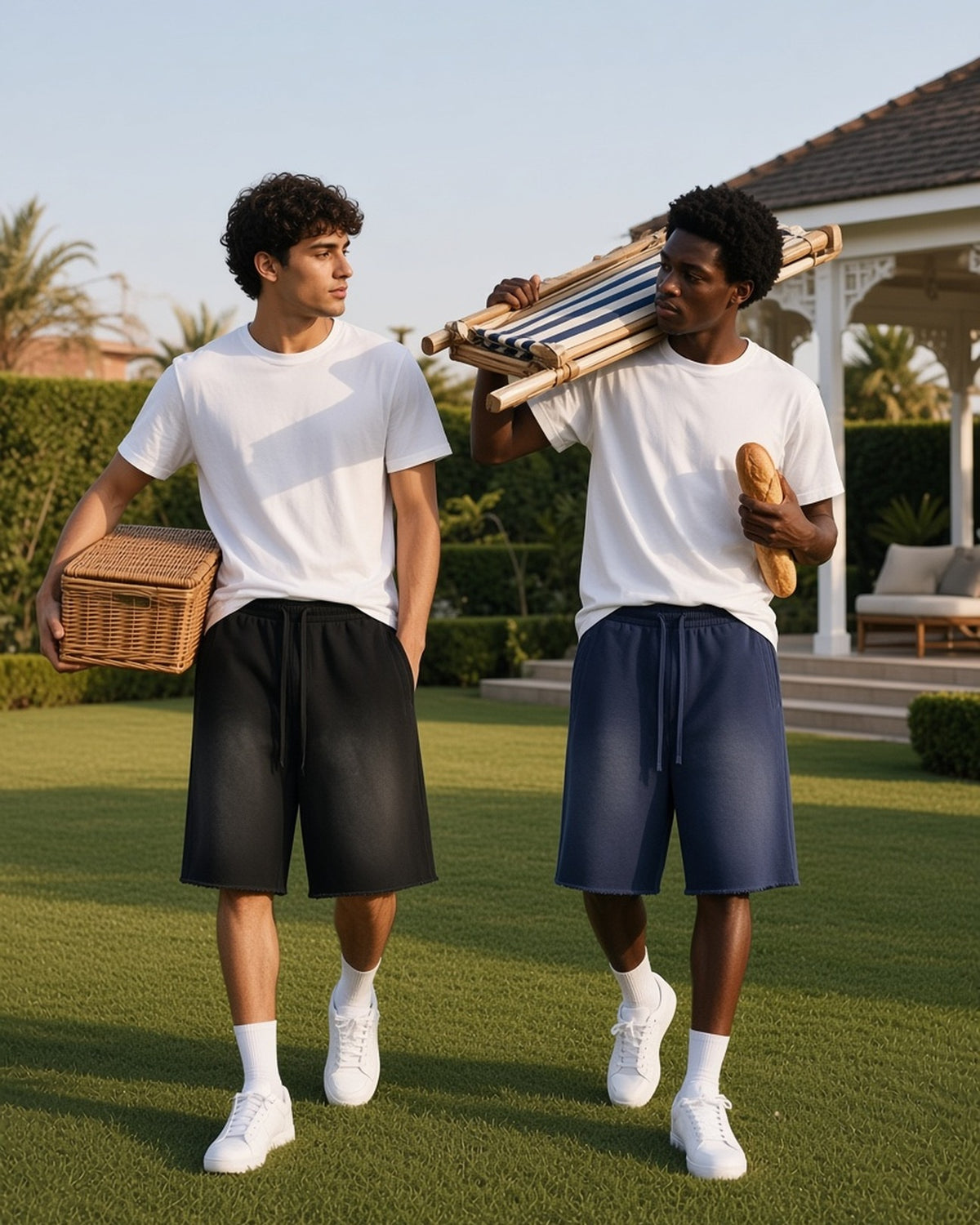 Two men in the Sunfade Raw Edge Shorts in Black and Navy Blue carrying a picnic hamper and deckchair across a club lawn