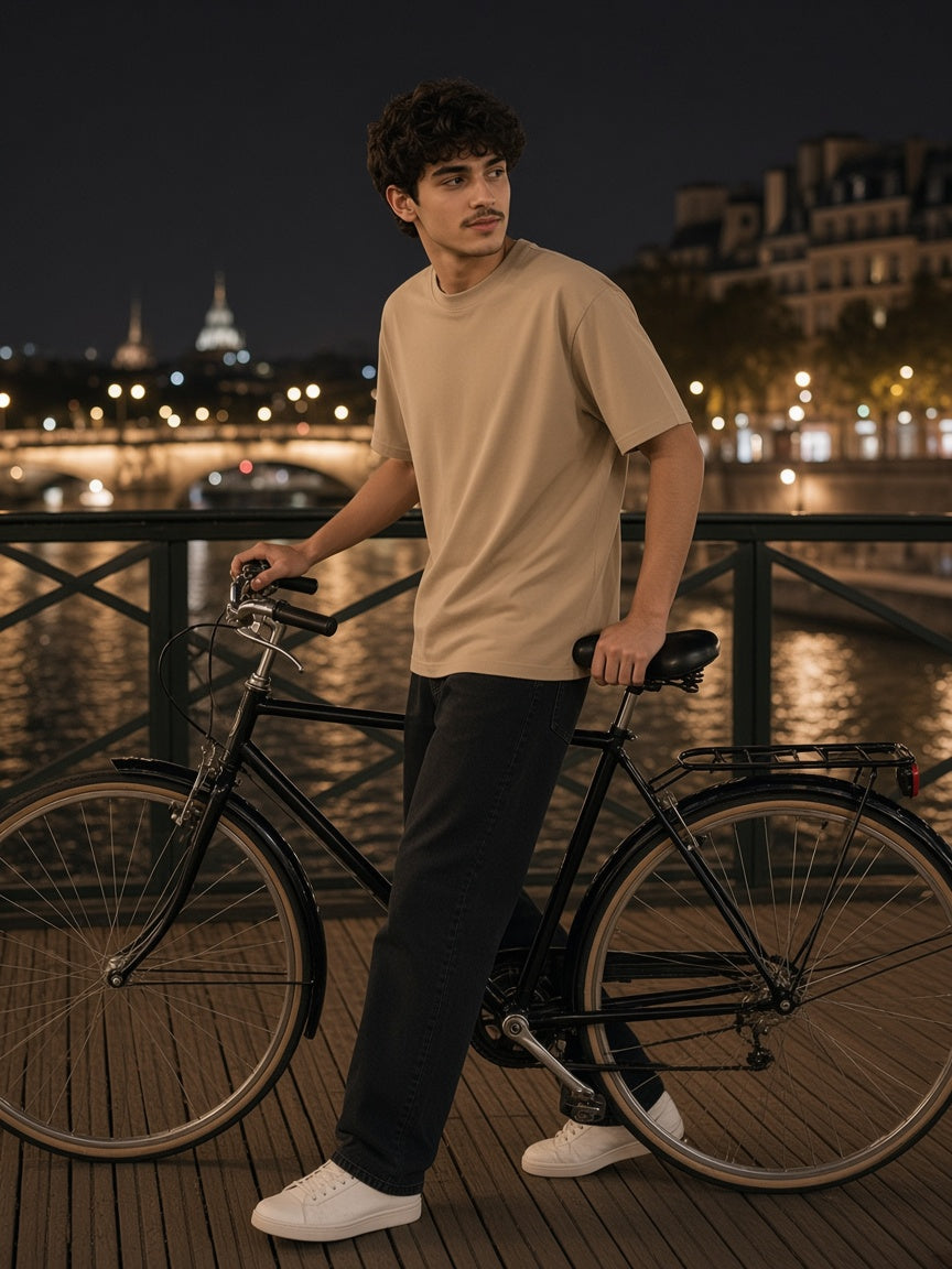 Marcel Afters Sunfade T-Shirt in Light Brown, worn by a man, city bridge