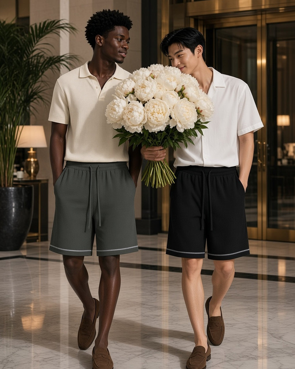 Two men in the Sunfade Waffle Raw Hem Shorts in Gray Green and Black, carrying white peonies through a grand-hotel lobby