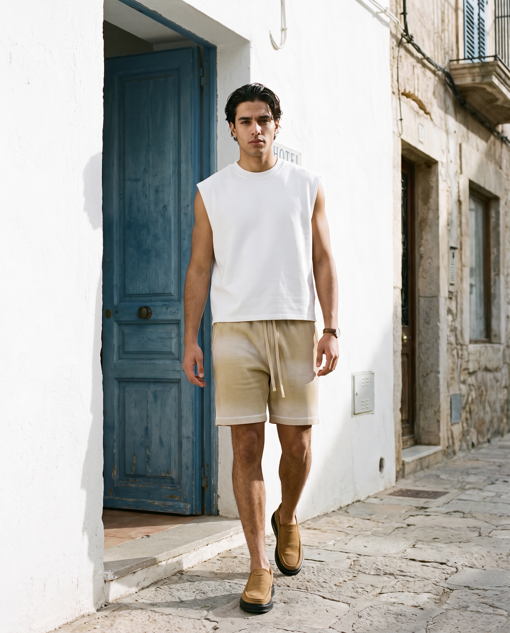 Man in Khaki sunfade waffle raw hem shorts and a white sleeveless top on a whitewashed street