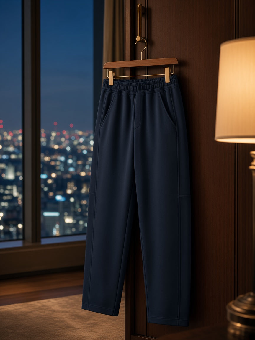 Marcel Afters Tapered Straight Hem Sweatpants in Navy Blue, on a hanger, city at night