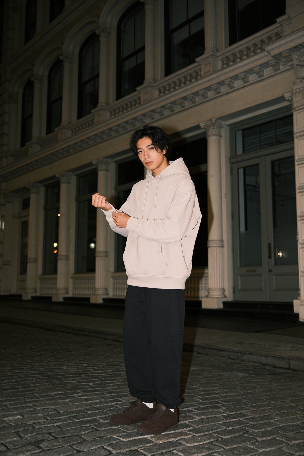 Marcel Afters Tapered Straight Hem Sweatpants — Black — worn on model, New York