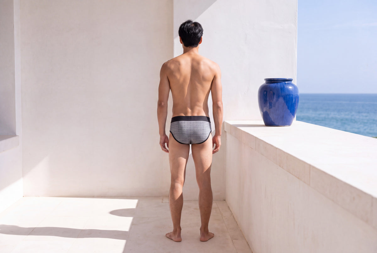 True Notions Tartan Briefs 3-Pack — Grey in grey, worn on-model