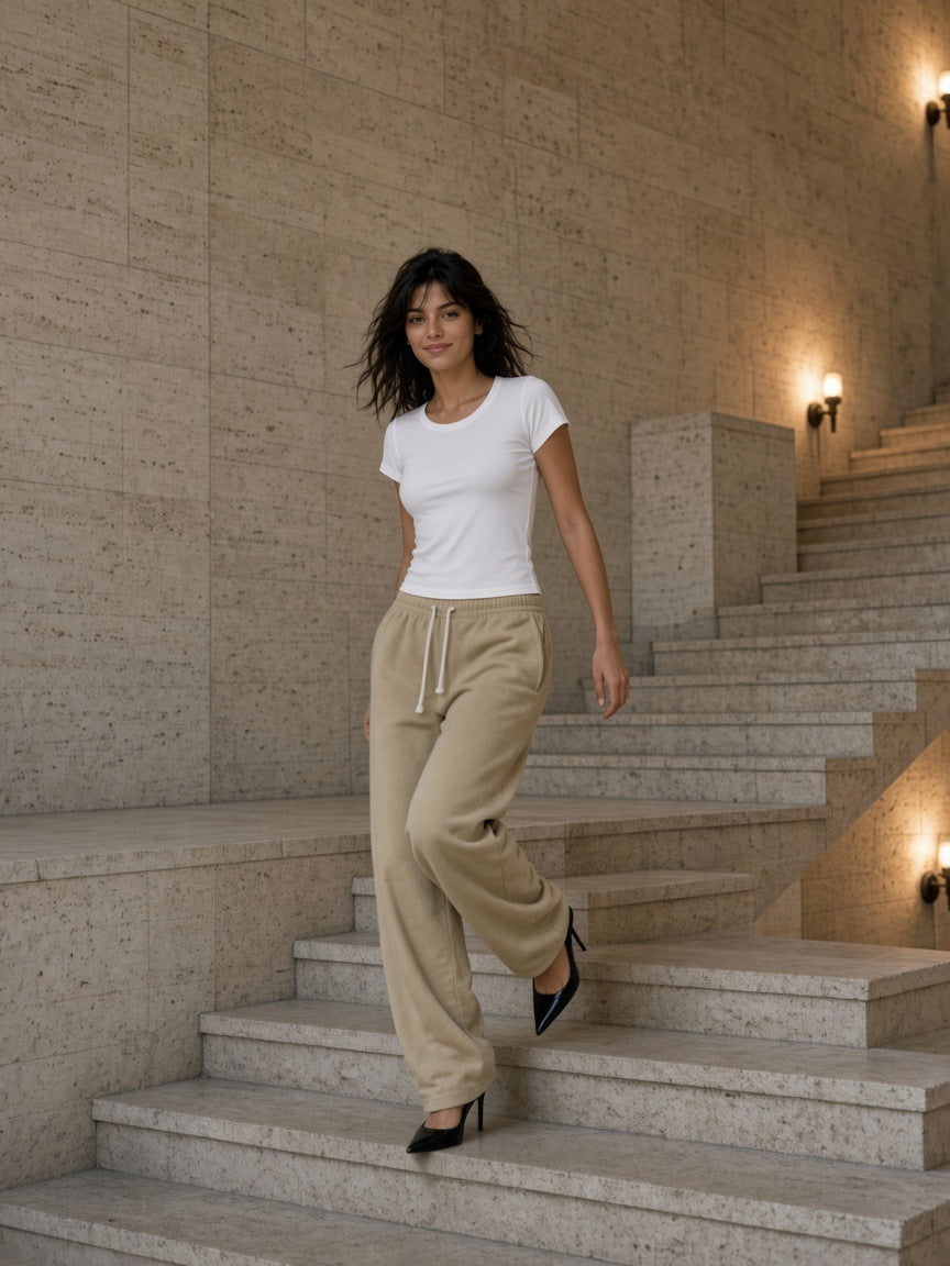 Woman in the Women's Tencel Baby T-Shirt in White on a travertine palazzo stair in Milan a