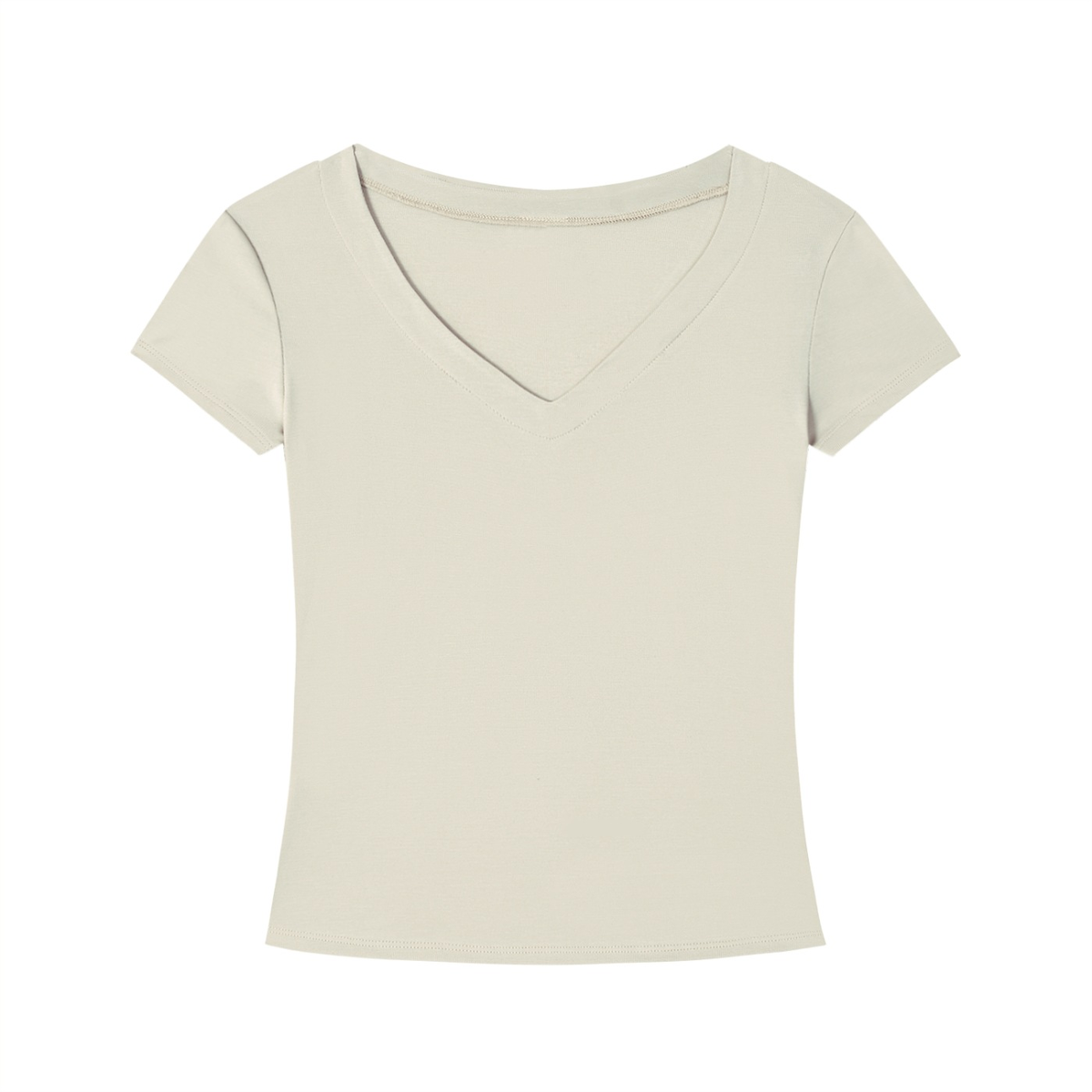 Marcel Afters Tencel Slim Fit V-Neck T-Shirt in Light Apricot, worn by a woman, plain white background