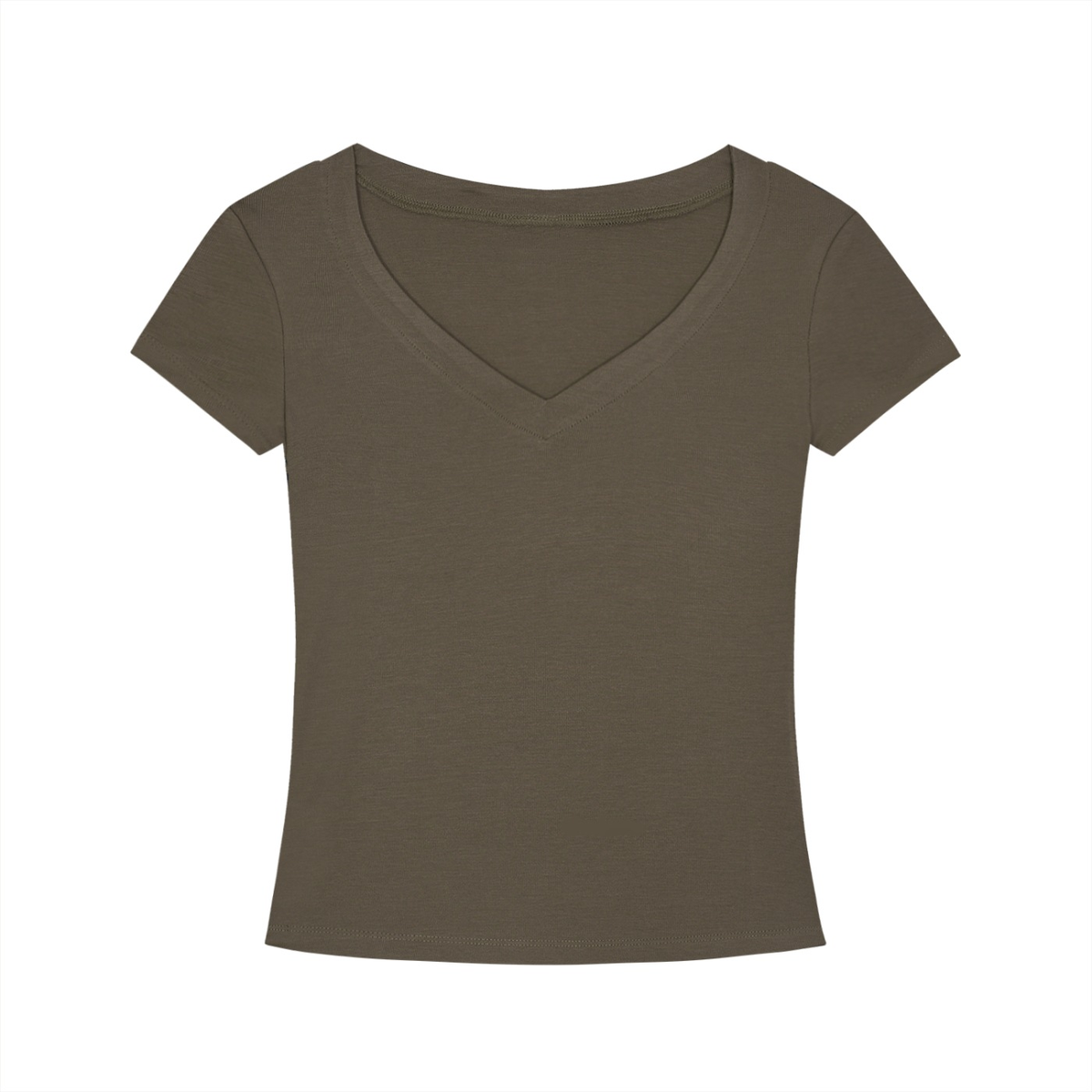 Marcel Afters Tencel Slim Fit V-Neck T-Shirt in Brown, worn by a woman, plain white background