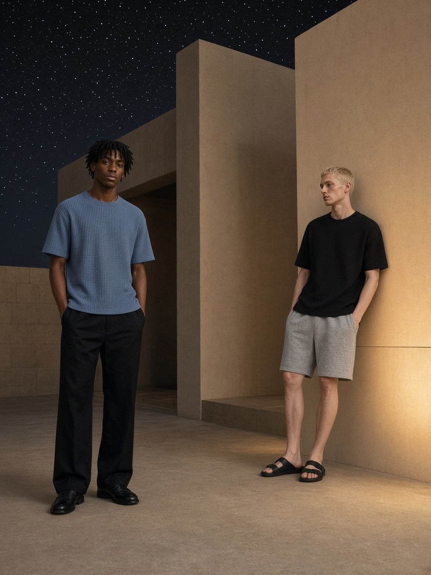 Two people wearing the Textured Waffle Washed Boxy T-Shirt in Haze Blue and Black, full-length model photo