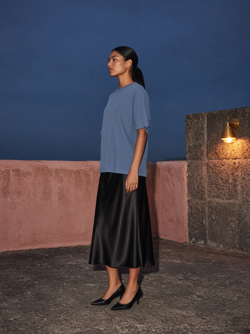 Model wearing the Textured Waffle Washed Boxy T-Shirt in Haze Blue, full-length model photo