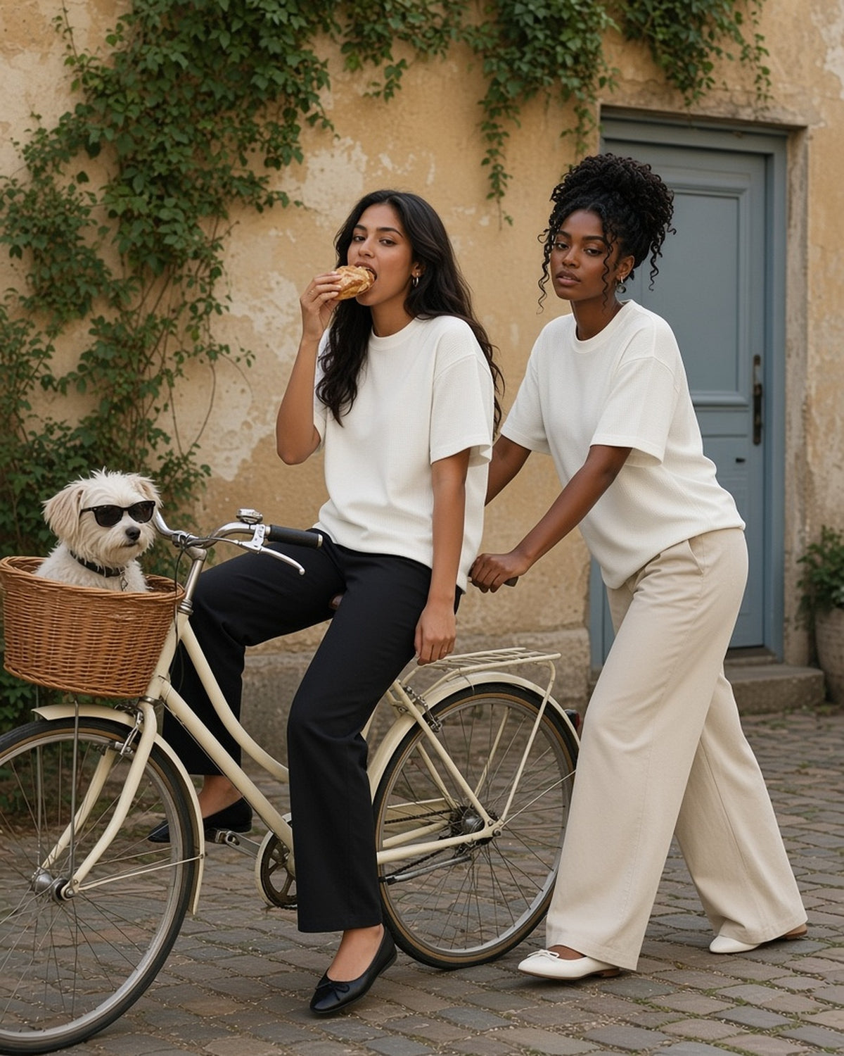 Two women in the Textured Waffle Washed Boxy T-Shirt in White with a bicycle and a small dog in a Copenhagen courtyard