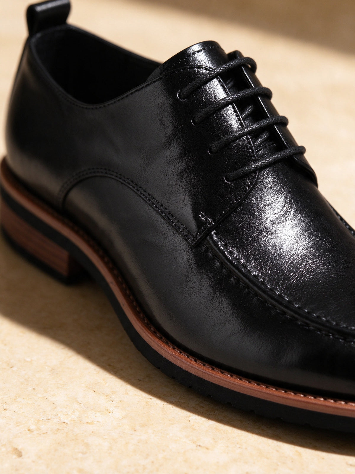 Marcel Afters The Concierge Derby in black, close-up detail of the leather, stitching and sole