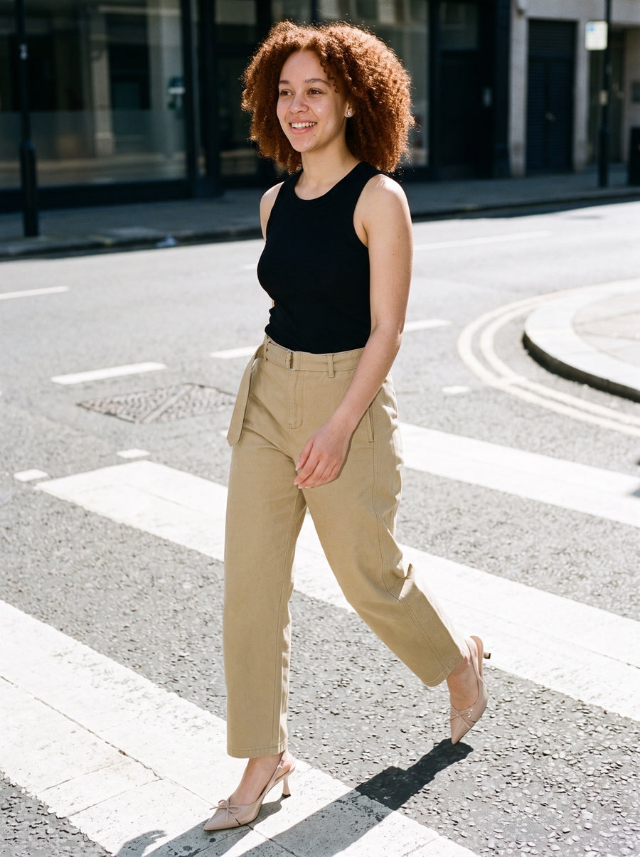 Woman wearing The Curtain Up Slingback in Nude with khaki belted barrel-leg cotton chino trousers and a black tank top, flash photograph