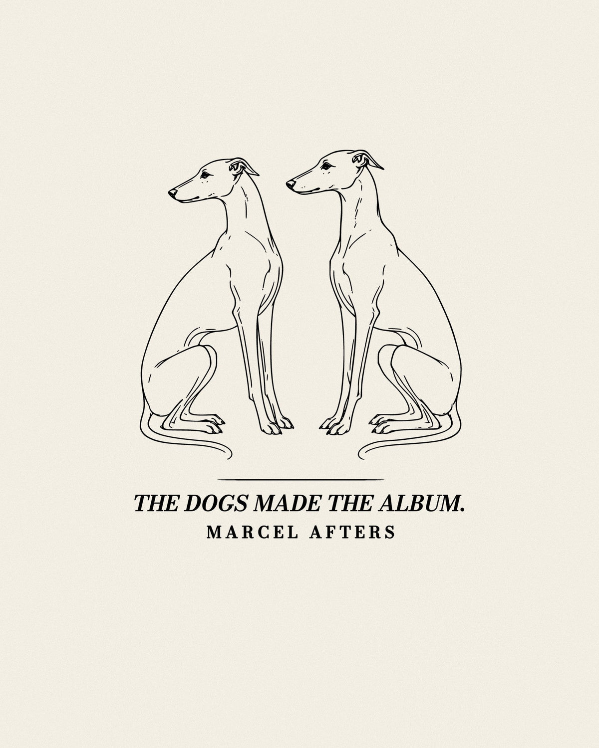 The Dogs Made The Album engraved drawing by Marcel Afters, luxury travel wear: two greyhounds seated side by side, set on a cream ground.