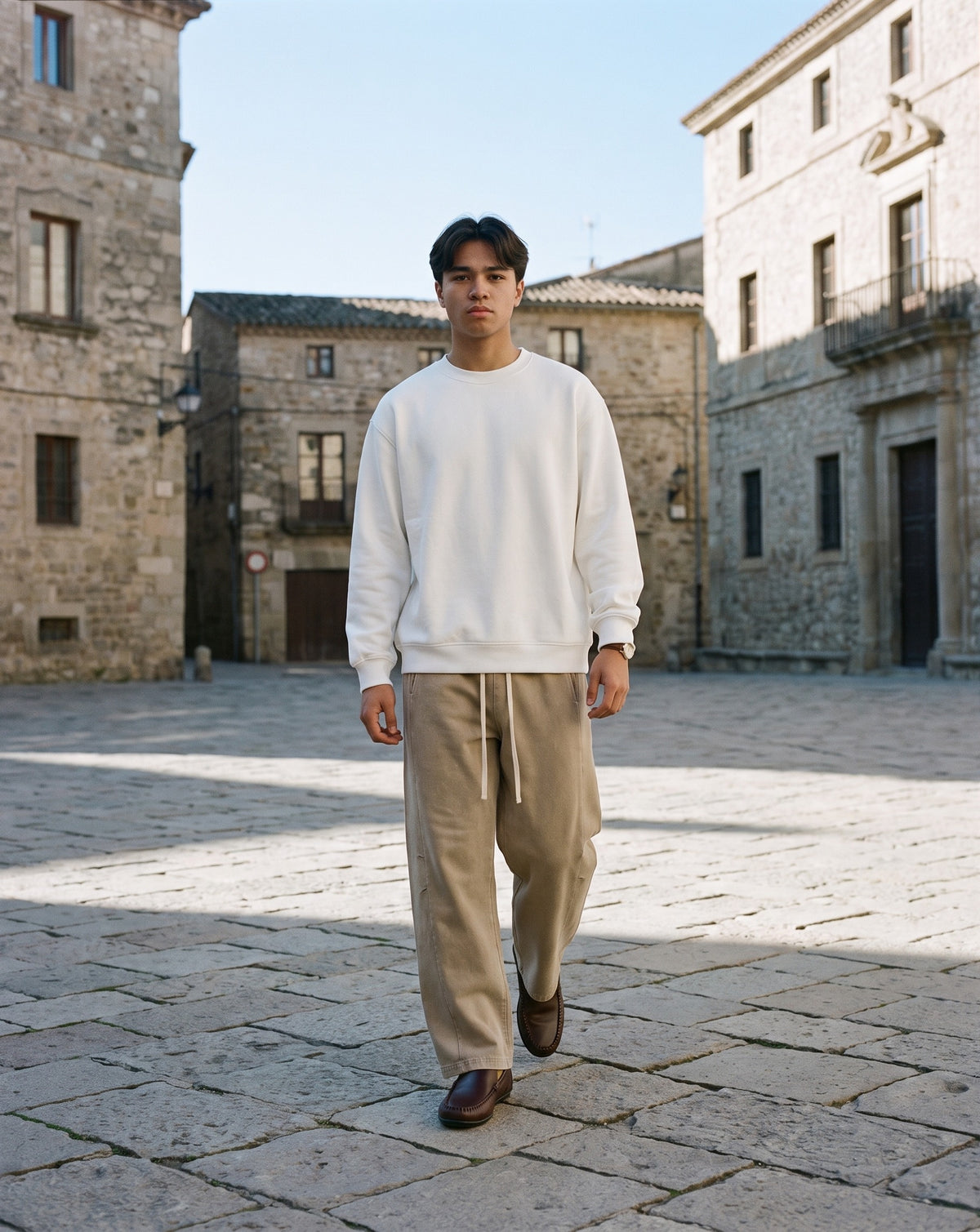 Man wearing The House Guest Loafer with the Heavyweight Oversized Boxy Sweatshirt in White, Mineral Wash Barrel Leg Pants in Khaki. The Long Lunch, Autumn–Winter 2026 campaign