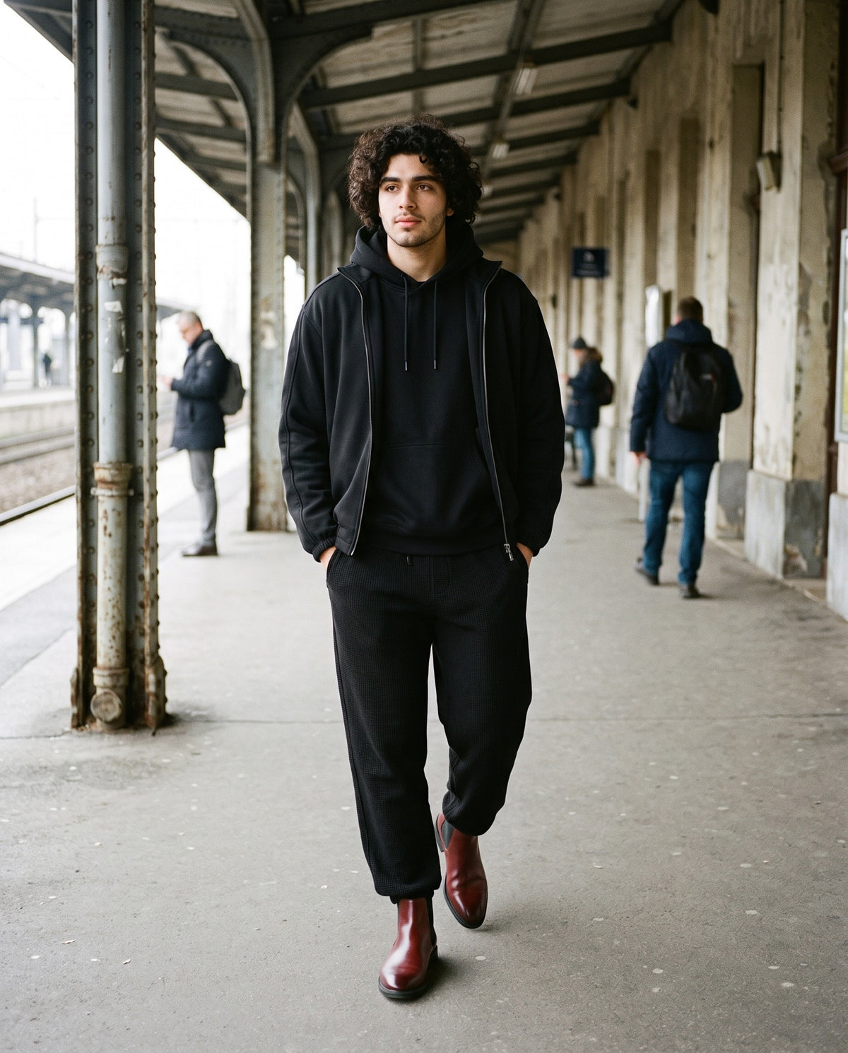 Man wearing The Red Eye Chelsea Boot with the Essential Heavyweight Pocket Hoodie in Black, Waffle Barrel Leg Pants in Black, Essential Heavyweight Stand Collar Jacket in Black. Cold City, Autumn–Winter 2026 campaign